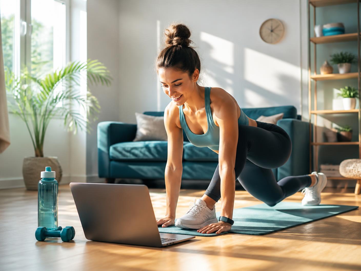 Vrouw doet een online workout in haar woonkamer